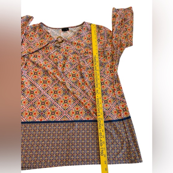 Tacera Orange Blue Floral Geometric Print Long Sleeve Tunic Stretch Top Size 2XL - Picture 7 of 10